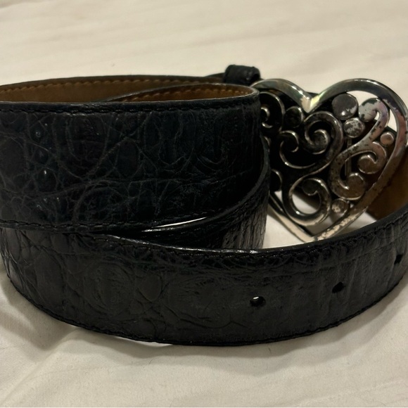 Vintage Brighton Croc Leather Black Heart Belt Size 38 Silver Heart Buckle - Picture 3 of 8